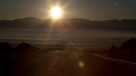 Wright starts his drive from east to west on the Nevada border, the Moriah Mountain range on the horizon.