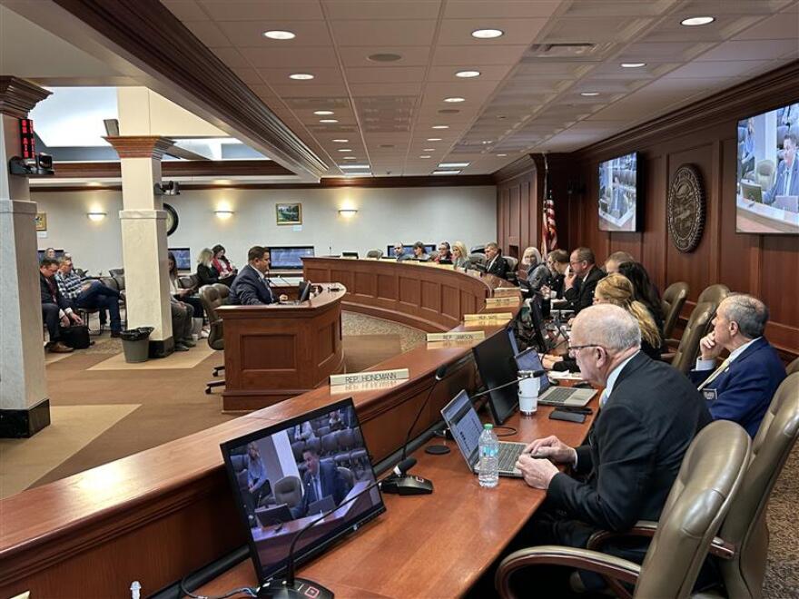 Rep. Spencer Gosch speaks to the House State Affairs Committee on House Joint Resolution 5001 on Jan. 23, 2026, in the State Capitol Building in Pierre.