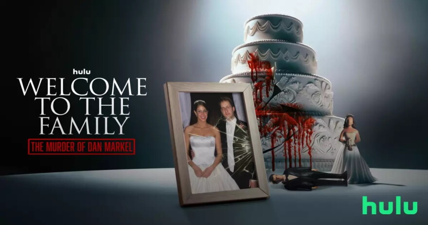 Hulu promo shot features a broken picture frame of Dan Markel and Wendi Adelson along with a bloodied wedding cake