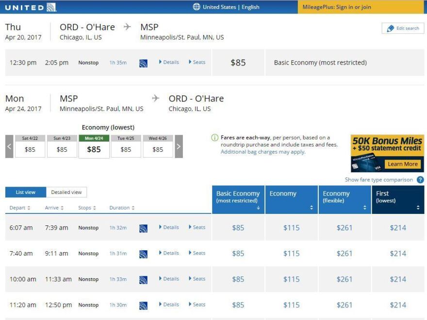 The United Airlines website displays the new "basic economy" fares for flights from Chicago to Minneapolis-St. Paul.