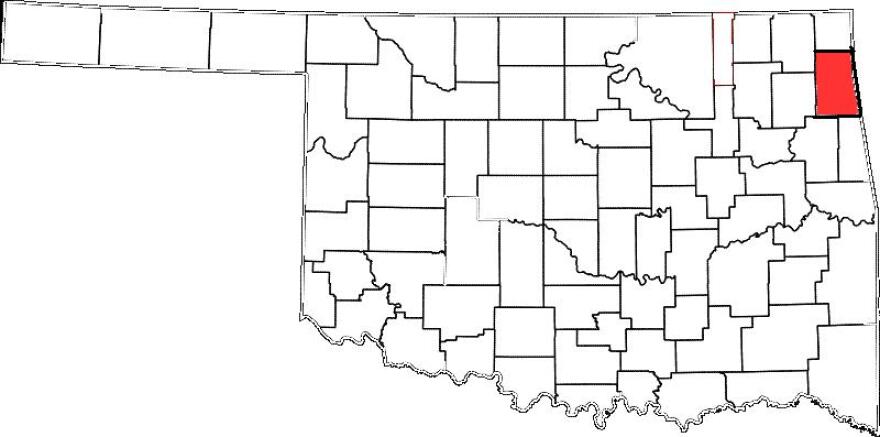 Delaware County, colored red, is east of Tulsa.