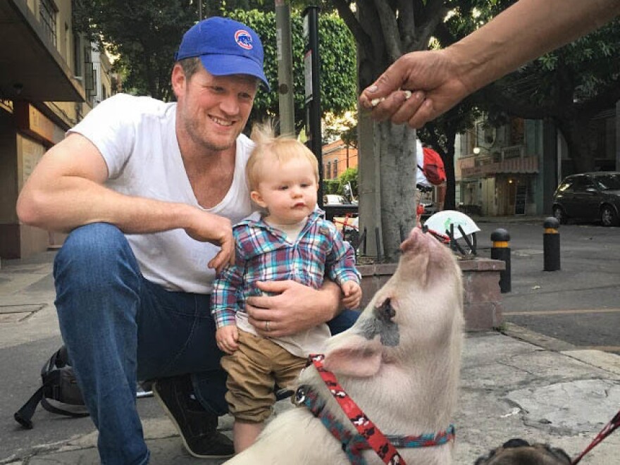 Father and son meet up with the pet pig often seen in their neighborhood in Mexico City.