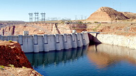 This view of Glen Canyon Dam on July 7, 2011, shows the effects of drought at Lake Powell, which is fed by the Colorado River.