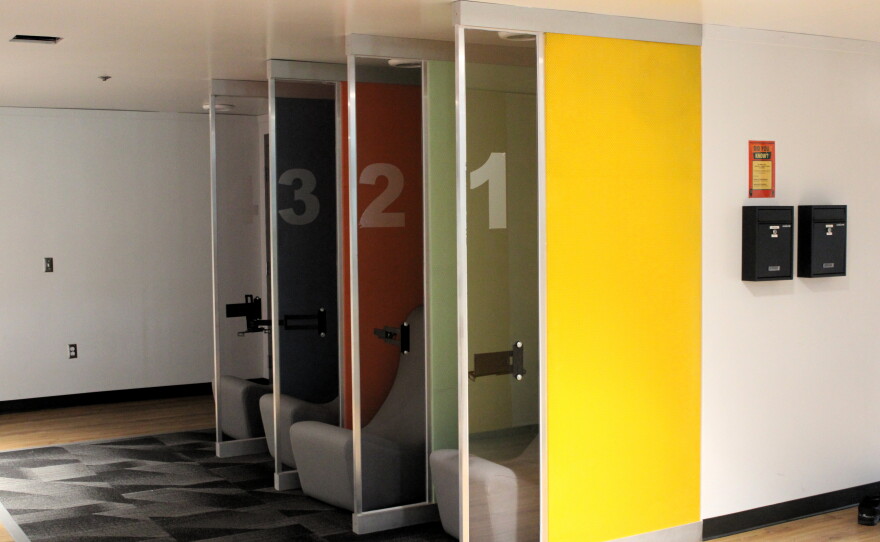 Cubicles in each dorm provide privacy for video chats and phone calls. Brian said the carpet in the dorms is a "pro and a con," since they have to be cautious about spills.