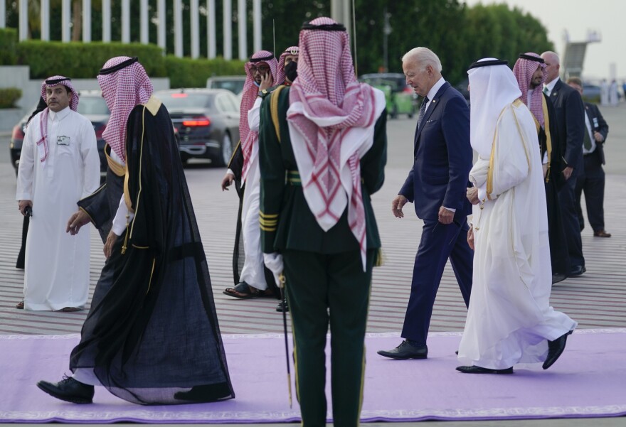 President Biden arrives at King Abdulaziz International Airport on Friday in Jeddah, Saudi Arabia.