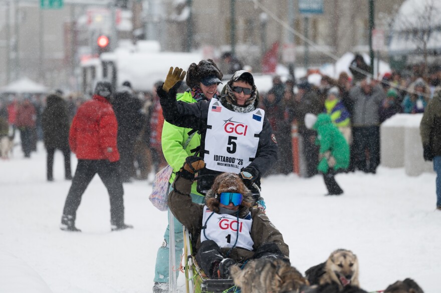 Ryan Redington and his team head out on Saturday's Iditarod ceremonial race start. He won the Iditarod championship in 2023.