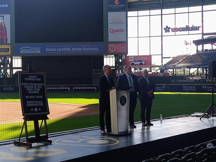 Assembly Speaker Robin Vos, Rep. Robert Brooks and Sen. Dan Feyen (left to right) at Monday's news conference at American Family Field.