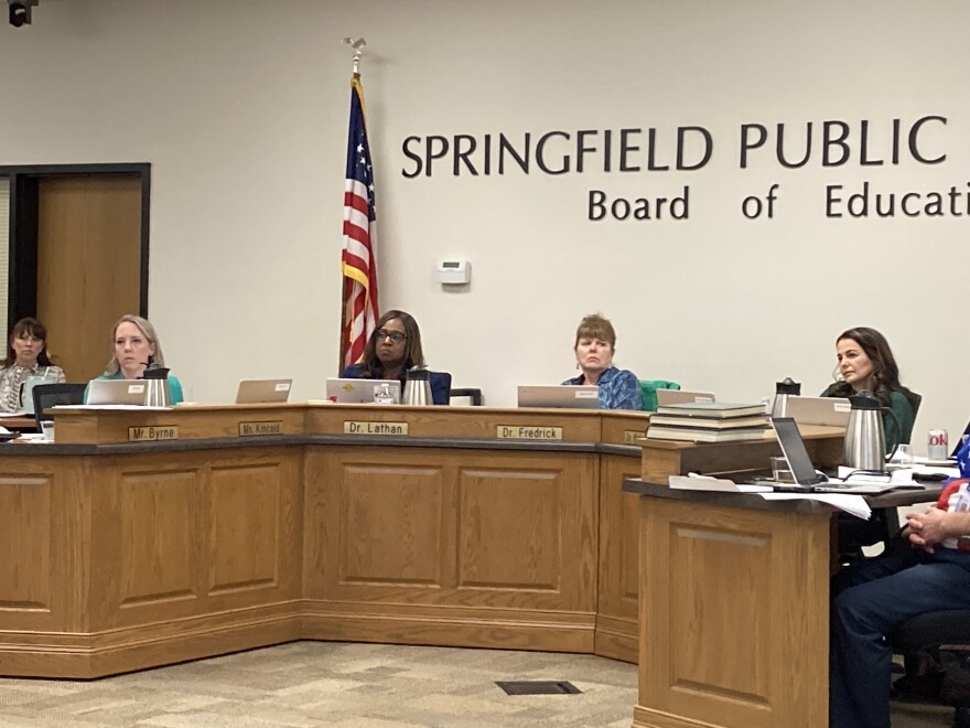 Maryam Mohammadkhani (first from right), elected to the Springfield school board in 2021, was stripped of her post as board vice-president by a 4-to-3 vote on Tuesday, Feb. 28, 2023.