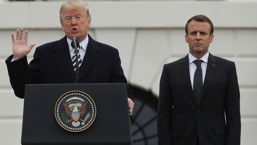President Trump and French President Emmanuel Macron participate in a state arrival ceremony at the South Lawn of the White House on April 24.