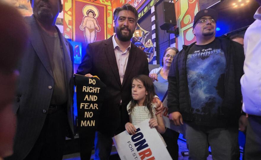 Assemblymember Jon Rivera celebrates his Democratic primary win over State Sen. Jeremy Zellner to family and supporters at Indigo Chapel on Lafayette Ave. in Buffalo.