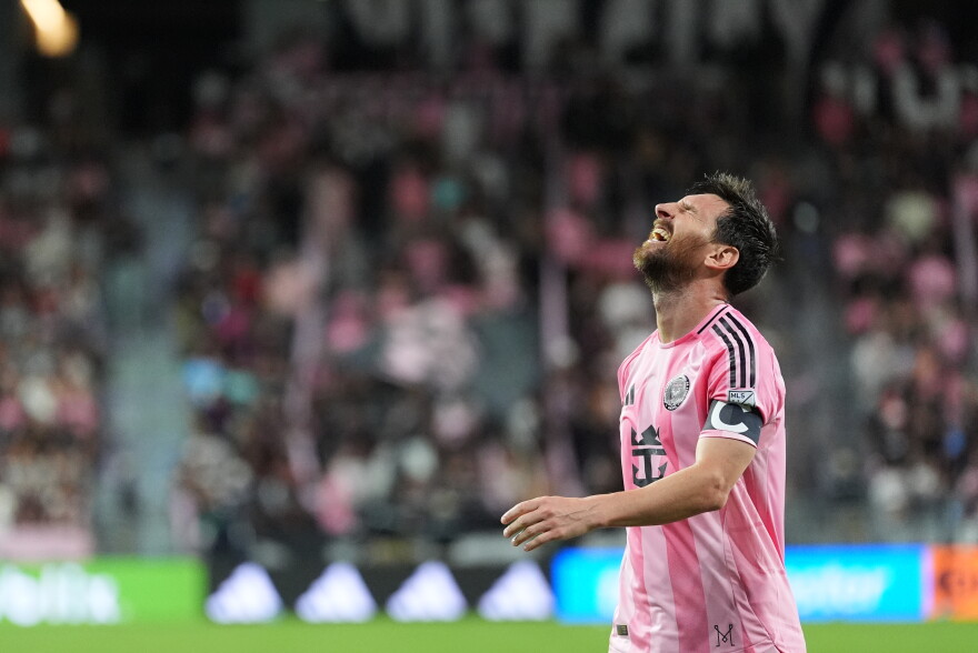 Inter Miami forward Lionel Messi reacts following an unsuccessful scoring attempt during the first half of an MLS soccer match against CF Montreal, Saturday, Aug. 29, 2026, in Miami.
