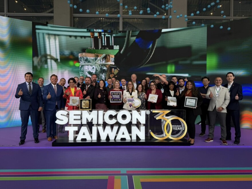 Pictured on the left in red, Dr. Reetika Dhawan—AWC Vice President of Workforce & Healthcare Programs and CEO of AWC's Entrepreneurial College—represented Arizona Western College and Yuma at large, alongside Yuma dignitaries at SEMICON Taiwan 2025.
