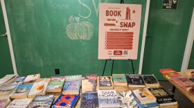 Books on display at the Longmont Book Swap event at the St. Vrain Cidery on October 29, 2025.