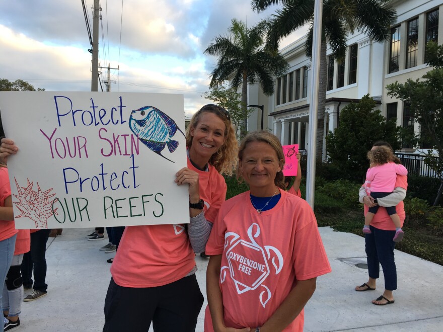 Dozens of Key Westers came to City Hall Tuesday to support the proposed ban on the sale of some sunscreens, including Joyce Milelli, left, and Melissa Hitchings.