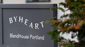 A sign for ByHeart, a manufacturer of organic baby formula, is displayed outside a building that houses a plant for the company on Tuesday, Nov. 11, 2025, in Portland, Ore.