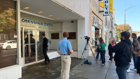 Reporters gather outside the Obenshain Center on Thursday, Oct. 29, 2026, in Richmond, Va.