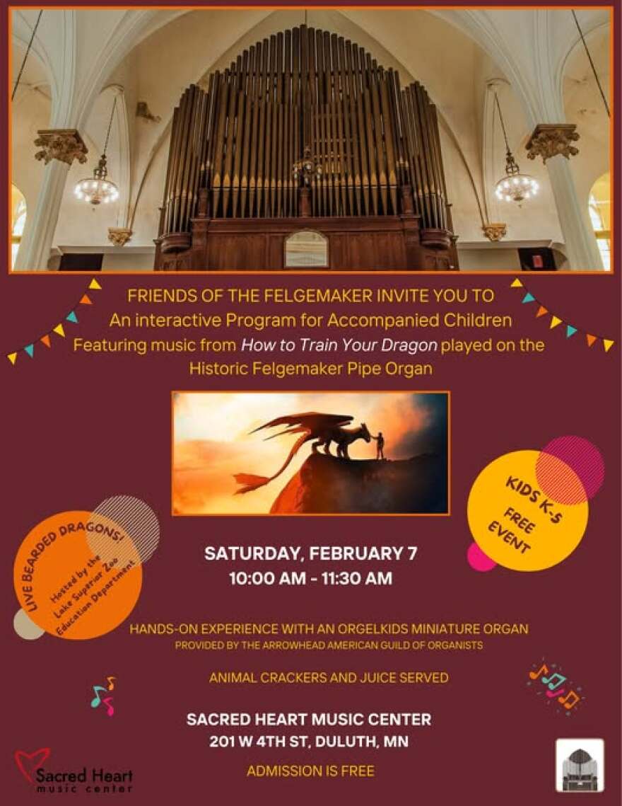 Poster for an event at Sacred Heart Music Center for youths to learn about the in-house organ and to hear music from "How to Train Your Dragon"