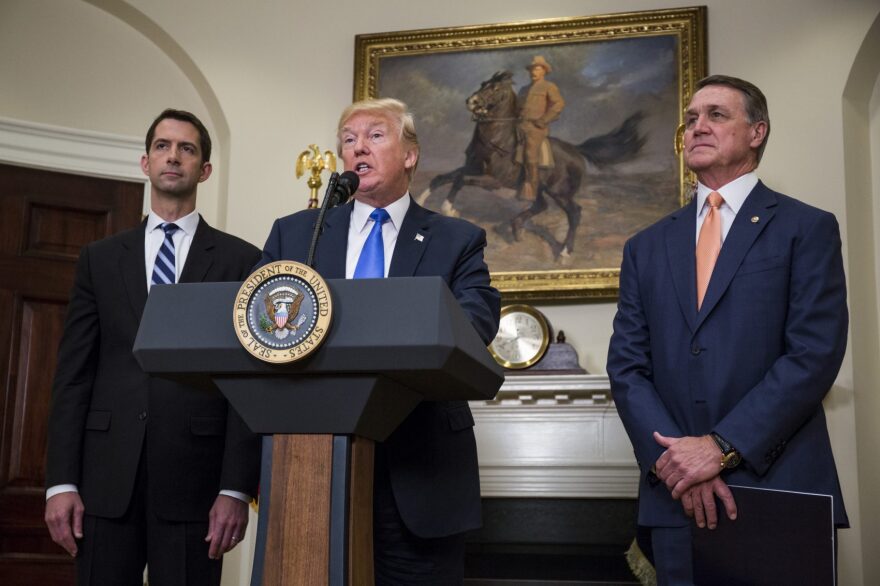 President Trump makes an announcement on the introduction of the Reforming American Immigration for a Strong Economy (RAISE) Act with Sen. Tom Cotton (R-Ark.) left, and Sen. David Perdue (R-Ga.) right, in the Roosevelt Room at the White House on Aug. 2, 2017 in Washington, D.C. (Zach Gibson - Pool/Getty Images)