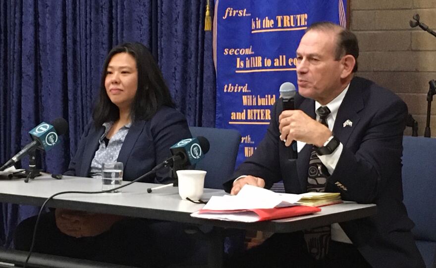 Kristin Ang (L) and Dave Bryant (R) at the Sunrise Rotary port candidates' forum in Tacoma on October 23, 2019.