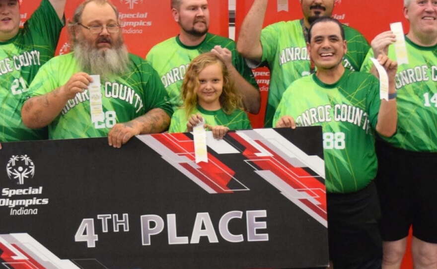 Special Olympics Indiana - Monroe County pose for a photograph after taking 4th Place at the recent Eunice Kennedy Shriver Day (EKS Day) held at Grand Park in Westfield, Indiana.