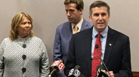 Chair of the general law committee, Sen. James Maroney, D-Milford, discusses a bill. Sens. Mary Abrams, D-Meriden, and Matt Lesser, D-Middletown, in background.