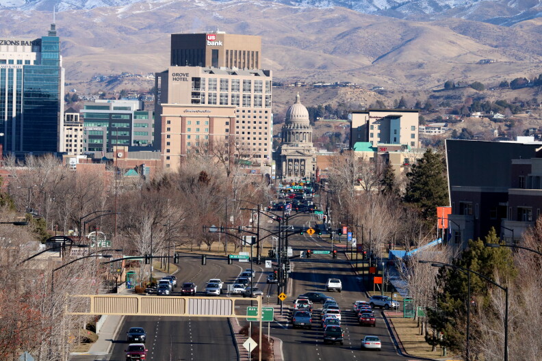 A view of downtown Boise taken from the depot – buildings like the capitol, U.S. Bank and Grove hotel can be seen with foothills sprawling in the background.