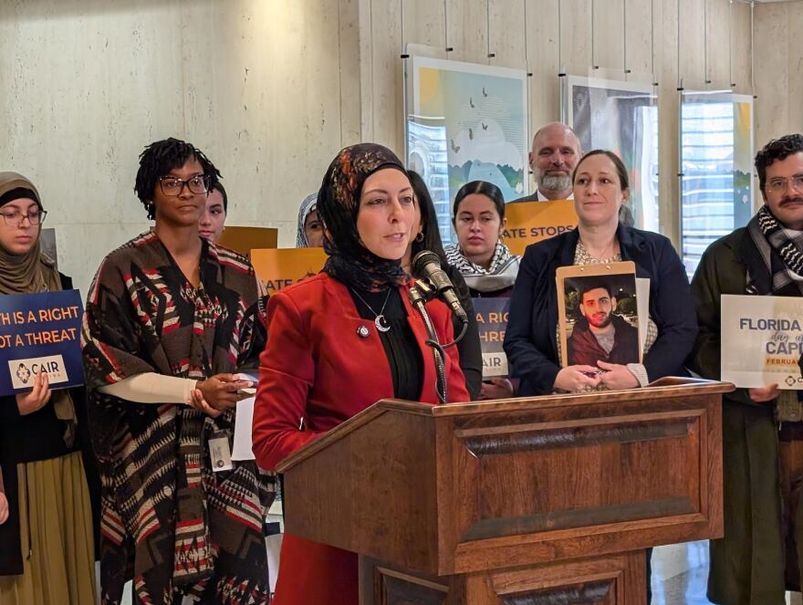 Hiba Rahim, the executive deputy director for CAIR-Florida, speaking in the Capitol in Tallahassee on Feb. 2, 2026.