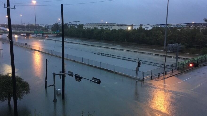 The midtown neighborhood of Houston inundated by flood water early Sunday as Tropical Storm Harvey made its way across Texas.