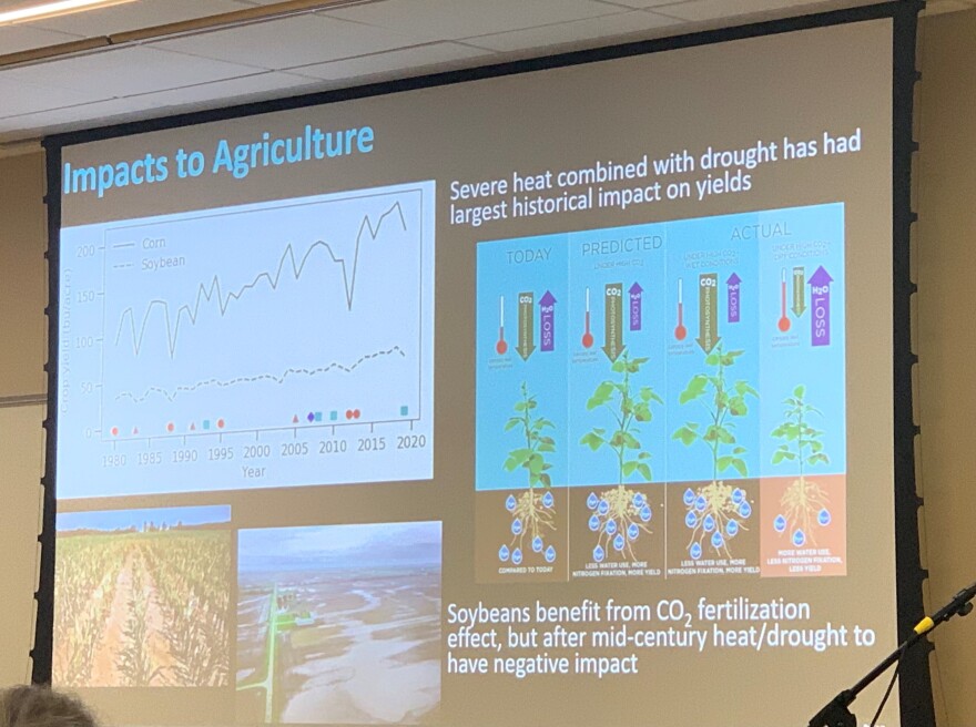 Presentations on the effects of climate change on agriculture during "Tackling Climate Change in the Rural Midwest" at Bradley University on Friday, Nov. 5.