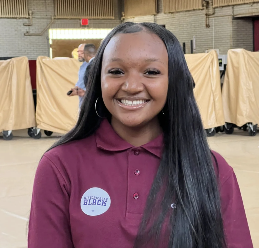 FILE - 16-year-old Jasmin Clark attends a Biden-Harris campaign rally at her school on May 29, 2024. (Amanda Fitzpatrick/WHYY)