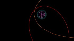 This diagram for the outer solar system shows the orbits of Sedna (in orange) and 2012 VP113 (in red). The sun and terrestrial planets are at the center, surrounded by the orbits (in purple) of the four giant planets — Jupiter, Saturn, Uranus and Neptune. The Kuiper belt, which includes Pluto, is shown by the dotted light blue region.
