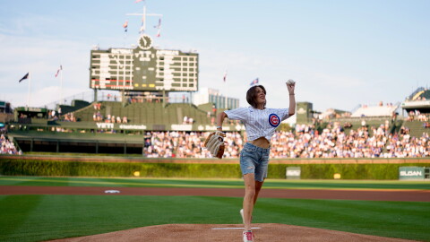 A strike for Season 12! ✨ Whitney Reynolds on the mound at Wrigley Field before the Cubs game on Sept. 3, 2026.