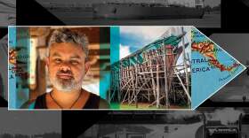 Sail Cargo co-founder John Porras pictured in the cargo hold of Ceiba, a three-masted topsail schooner under construction in Punta Morales, Costa Rica. (Peter O'Dowd/Here & Now)