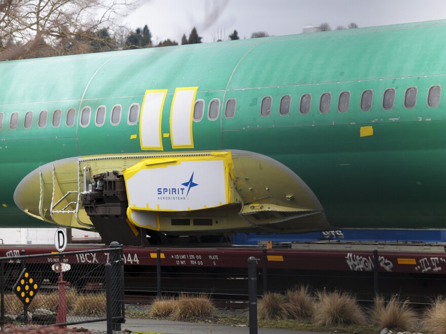 The Spirit AeroSystems logo is pictured on an unpainted 737 fuselage as Boeing's 737 factory teams hold the first day of a "Quality Stand Down" for the 737 program at Boeing's factory in Renton, Washington on January 25, 2024.