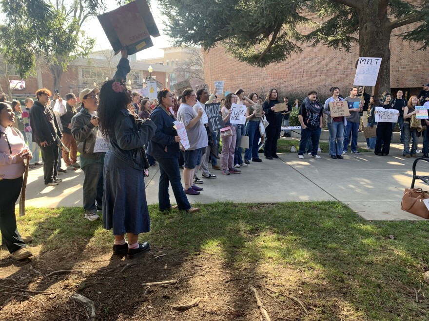 Demonstrators at Chico State on Friday, Jan. 30, 2026, during an anti-ICE protest in Chico, Calif.