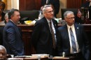 Ethics Committee Chairman Jay Jordan, R-Florence, Speaker Pro Tem Tommy Pope, R-York, and House Majority Leade Davey Hiott, R-Pickens, in the House chamber at the South Carolina Statehouse on March 24, 2026.
