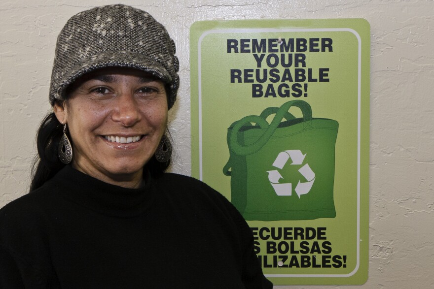 Deli-Licious owner Carla Oliveira participants in the voluntary restaurant ban of plastic bags at her Live Oak restaurant..