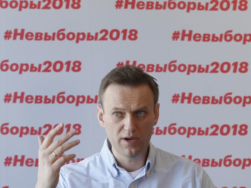 Russian opposition leader Alexei Navalny holds a briefing on the presidential election at his office in Moscow on Sunday.