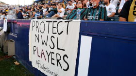 Signage supporting NWSL players is seen during a game between the Los Angeles Galaxy and the Los Angeles FC at Dignity Health Sports Park in Carson, California.