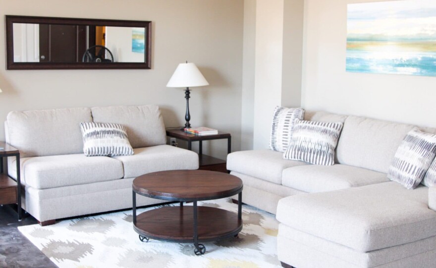 The finished living room in the Divine Lorraine Hotel's sample apartment. (Dean Russell/Here & Now)
