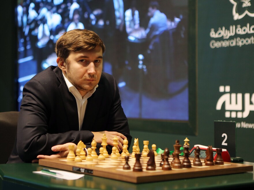 Sergey Karjakin competes in Riyadh, Saudi Arabia in 2017. Karjakin has repeatedly shared Russian propaganda and endorsed the war in recent weeks.