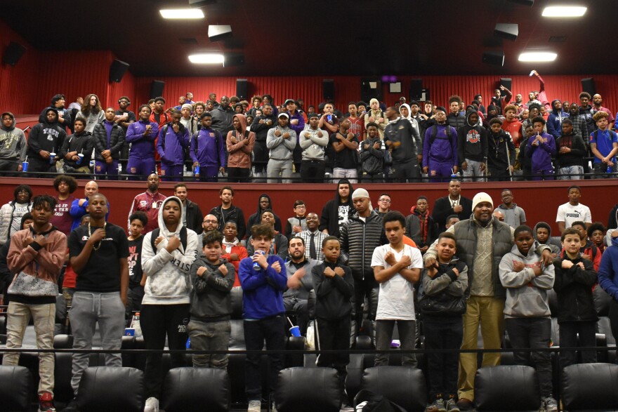 Students from seven Milwaukee public schools attend a special viewing of “Black Panther” and reflection session at the Marcus North Shore Cinema in Mequon, Wis., in March 2018. Officials with the Milwaukee Public Schools Department of Black and Latino Male Achievement, which partnered on the event with Ald. Khalif Rainey, discussed the importance of the students being able to see a positive narrative about Black men, created mostly by Black directors and actors.