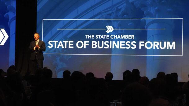 State Chamber President and CEO Chad Warmington speaks at the State of Business Forum, focusing on education initiatives, on Monday at the National Cowboy & Western Heritage Museum in Oklahoma City.