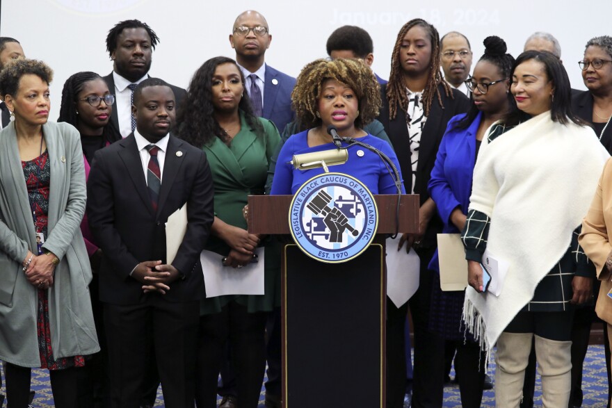 Del. Jheanelle Wilkins, who chairs the Legislative Black Caucus of Maryland, speaks at a news conference on Thursday, Jan. 18, 2024 in Annapolis, Md. Caucus members outlined priorities in Maryland's legislative session to improve health, access to housing, minority business opportunities, education and criminal justice reforms. (AP Photo/Brian Witte)