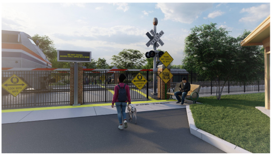 A rendering shows the proposed upgraded crossing in the closed position. The crossing utilizes traditional gate arms/lights/bells with a variable message sign (VMS) and magnetic gates. The gates are designed to automatically close
when a train is approaching. People cannot enter the track area, but anyone already crossing can push the gate open to leave. Magnetic gates and VMS signs for approaching trains are in use throughout the country.