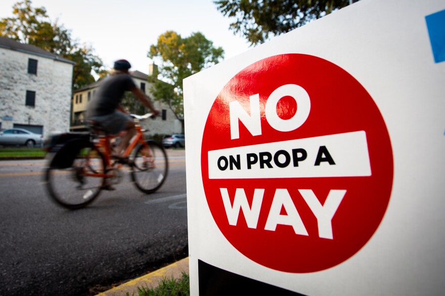 A sign in the Hyde Park neighborhood of Austin, TX against Proposition A on Oct. 14, 2021. Gabriel C. Pérez/KUT