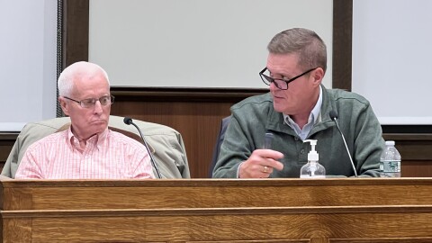 Jack Priest, right, spoke on behalf of the Massachusetts Department of Public Health at a meeting of the Nuclear Decommissioning Citizens' Advisory Panel, Nov. 24, 2025. At left is panel member Barry Potvin of Plymouth.