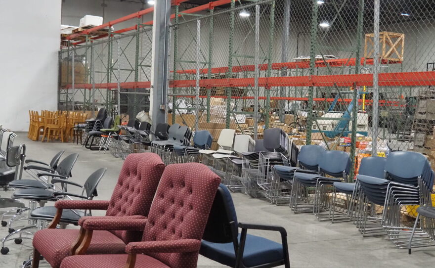 Surplus chairs in storage at the Indiana Department of Administration warehouse.