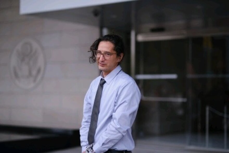 CSU Channel Islands lecturer Jonathan Caravello speaks after a jury acquitted him in a federal case tied to an immigration raid protest in Camarillo.