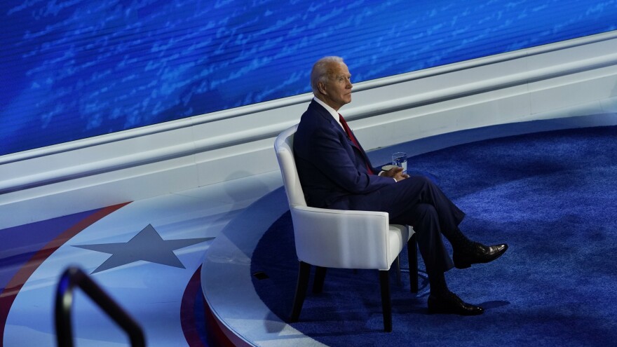 Biden pauses before the start of a town hall with moderator ABC News anchor George Stephanopoulos at the National Constitution Center in Philadelphia on Thursday.